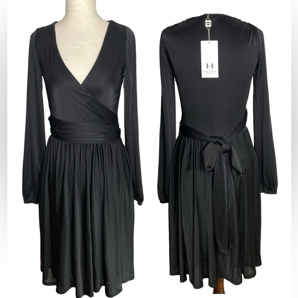NWT Halston Heritage Faux Wrap Long Sleeve Jersey Dress Black XXSmall